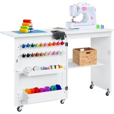 Folding Sewing Table Multipurpose Craft Station & Side Desk with Compact Design, Wheels, Shelves, Storage Trays, Pegs, Magnetic Doors, Metal Doorknobs - White