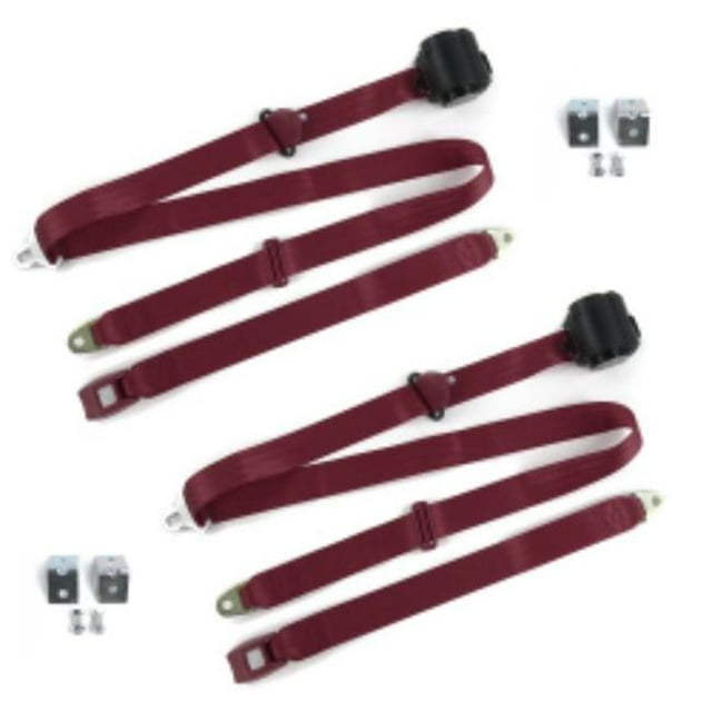 Ford 1952-1954 Standard 3 Point Burgandy Retractable Bucket Seat Belt Kit with Bracketry - 2 Belts