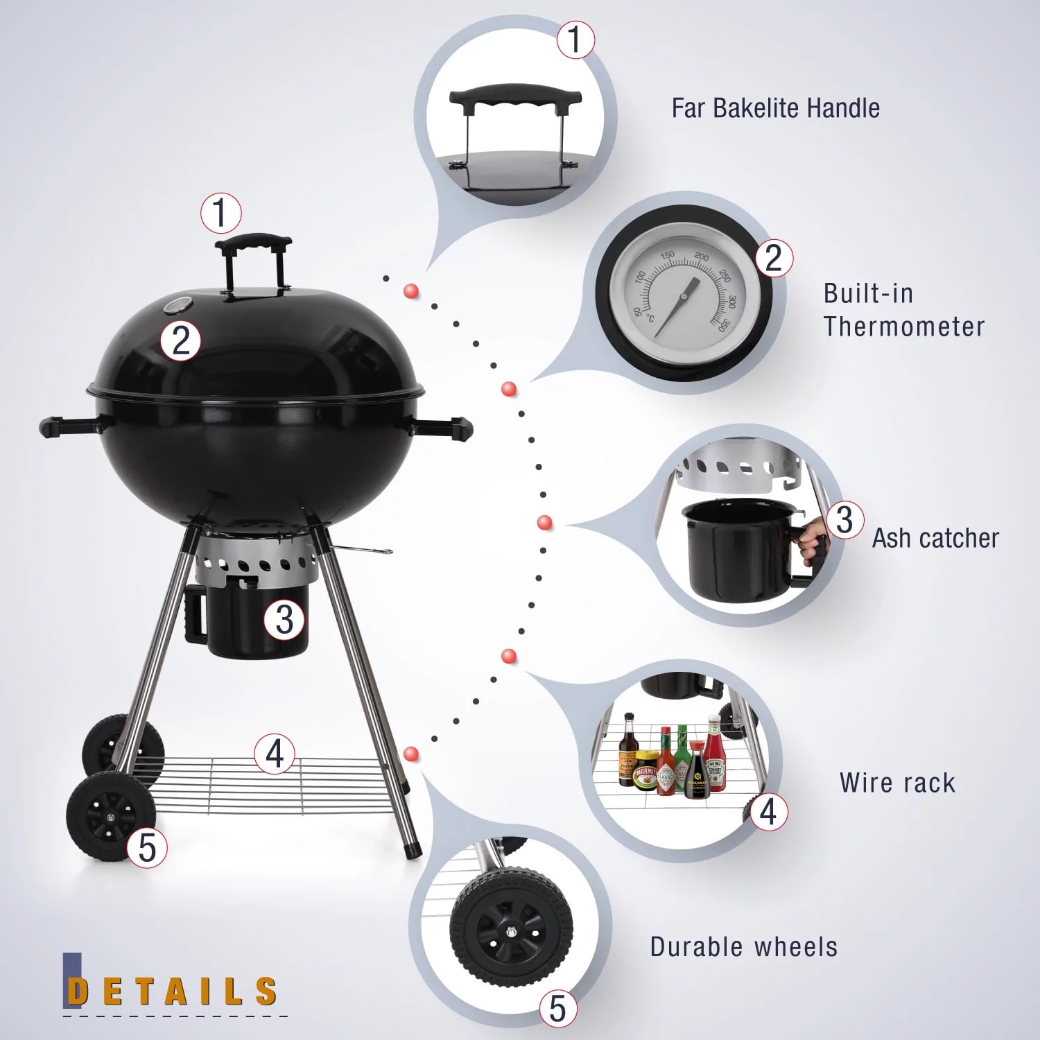 PHI VILLA 22" Portable Kettle Charcoal BBQ Grill, Black
