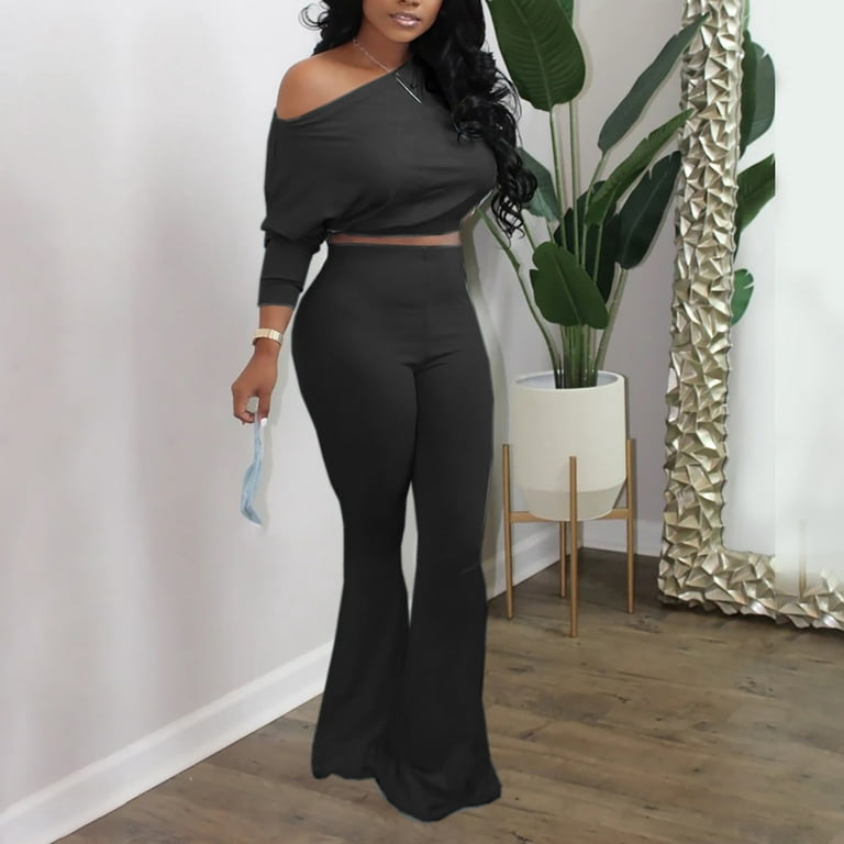 Women Sexy Bodycon 2 Piece Outfits Solid Long Sleeve Crop Top High