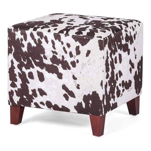 Small Foot Stool Ottoman, 16.3" Linen Cube Ottoman Foot Rest with Wood Legs, Upholstered Ottomans Footstool for Living Room, Bedroom, Couch, Cow Print