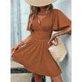 thumbnail image 4 of Women V Neck Mini Dress Summer Ruffle Sleeves A Line Elastic High Waist Flowy Swing Dresses Caramel Color XXL, 4 of 7