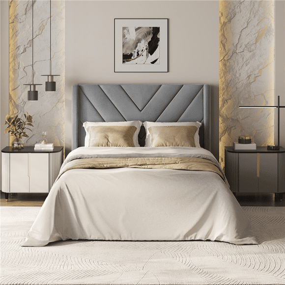 Fullfurnique Cadre de Lit Capitonné avec Tête de Lit à Capitonnage, Twin, Gris clair