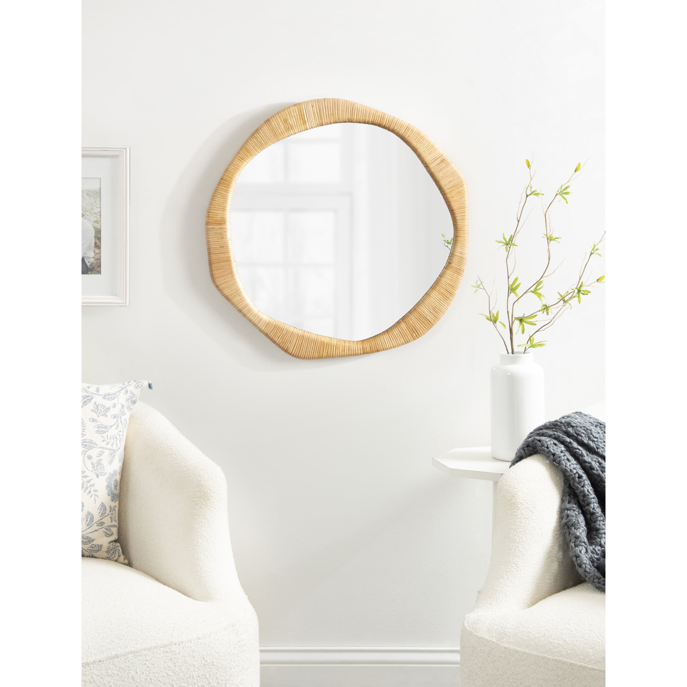 Kate and Laurel Rahfy Boho Irregular Round Rattan Mirror, 26 Inch Diameter, Natural Rattan, Decorative Wavy Circle Mirror with Wrapped Authentic Cane Frame for Bathroom Vanity Decor