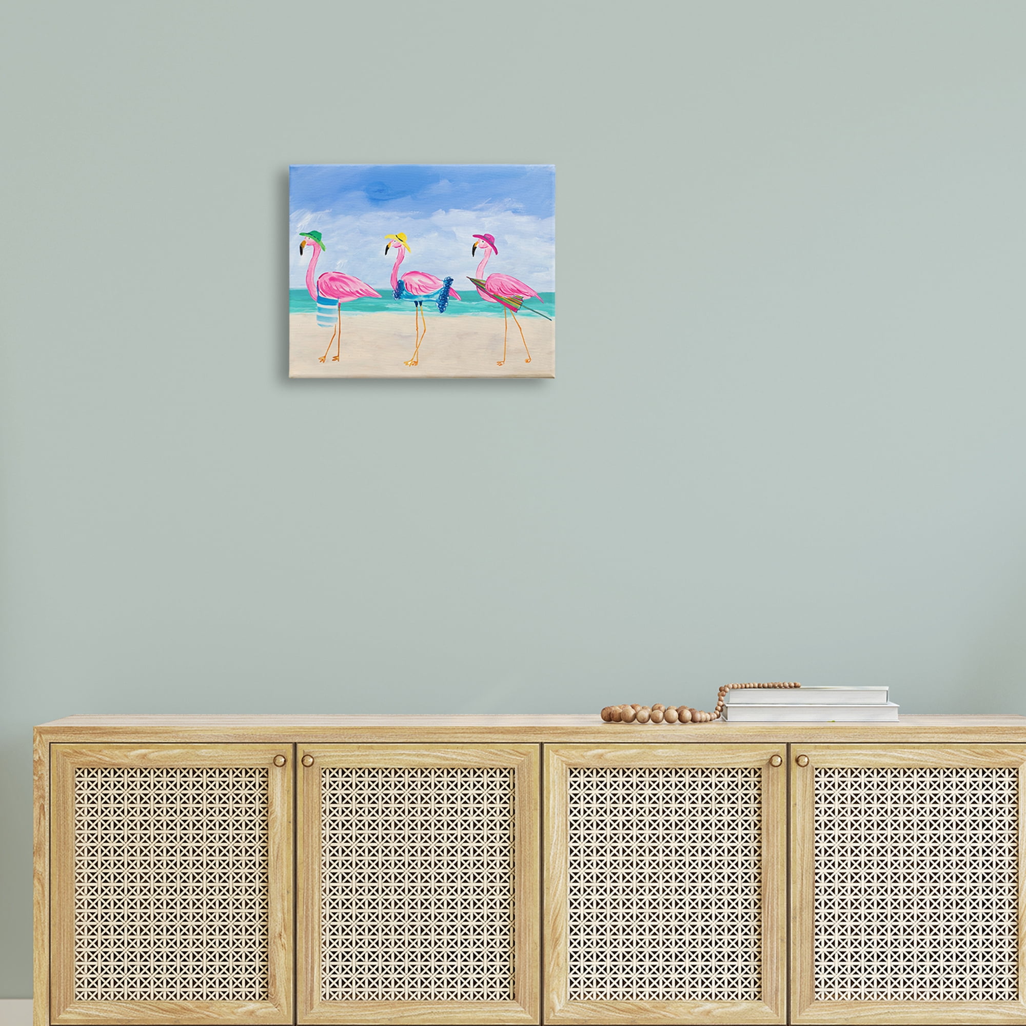 Stupell Industries Cute Pink Flamingos Beach Attire Strolling Coast Illustration Coastal Painting Gallery-Wrapped Canvas Print Wall Art, 20 x 16, Design by Julie Derice