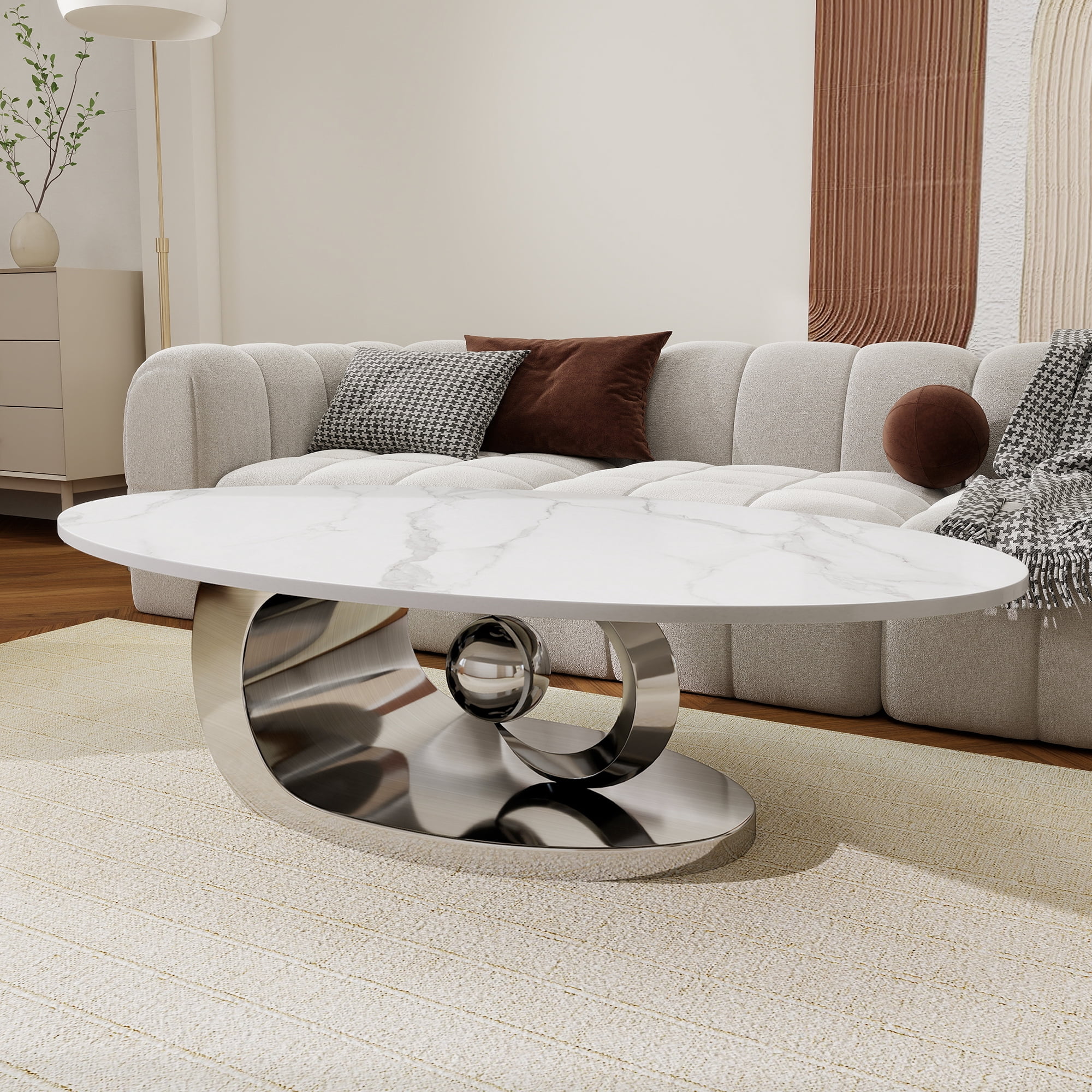 Oval Coffee Table Modern Minimalist Faux Marble Top with Sculptural Grey Stainless Steel Base Luxury SpaceSaving Design art deco coffee table 51.2"L x 27.6"W