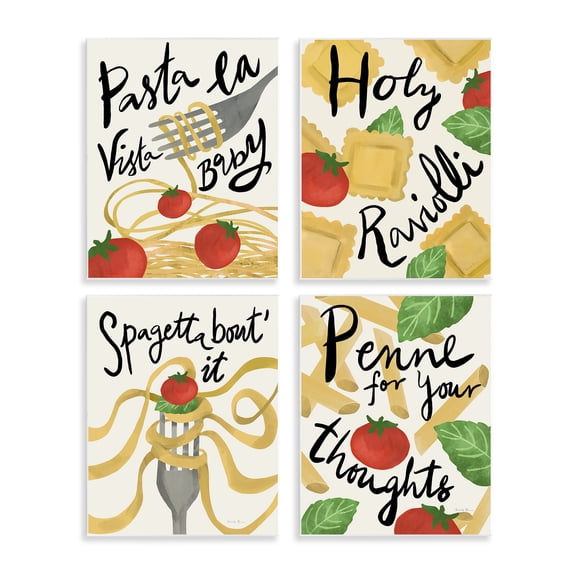 Stupell Industries Funny Pasta Puns Food & Beverage Painting Unframed Art Print Wall Art, 11 x 14, Set of 4