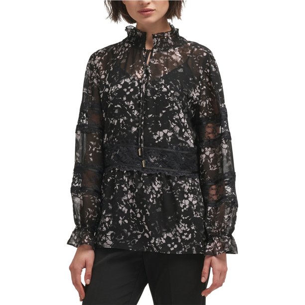 DKNY Blusa con ribete de encaje para mujer, negro, mediano