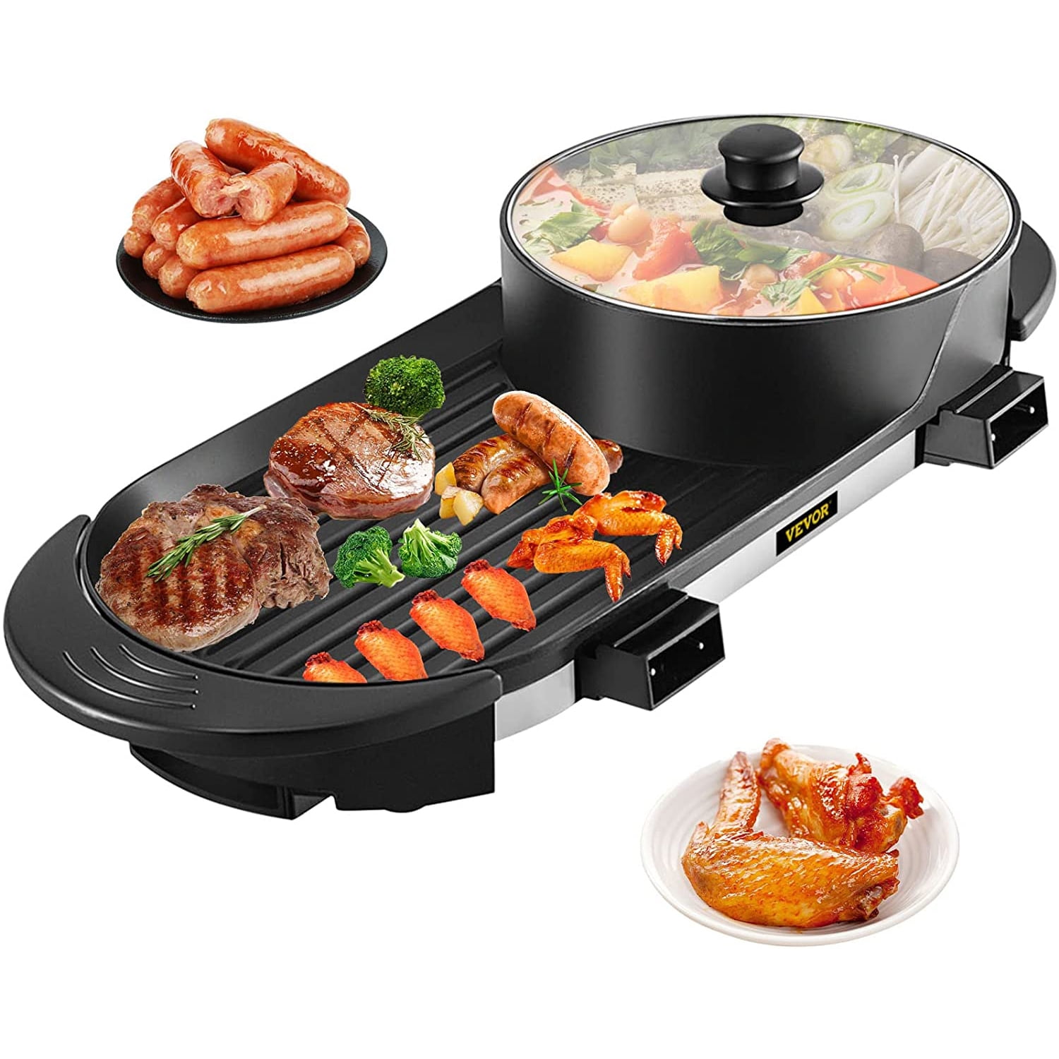 VEVOR 2 in 1 BBQ Pan Grill and Hot Pot with Divider Multifunctional Teppanyaki Grill Pot, Separate Dual Temperature Control Electric BBQ Stove Hot Pot