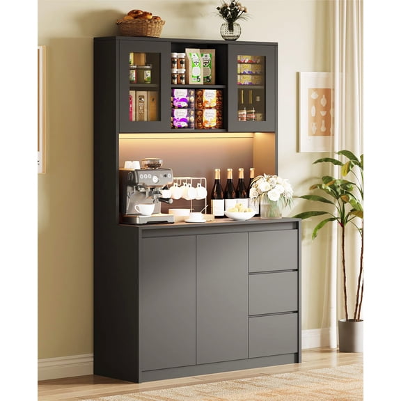 Kitchen Pantry Cabinet, Storage Cabinet with LED Lights and Charging Station, 71 Inch Tall Corner Hutch with Microwave Shelf, 4 Adjustable Shelves, 3 Drawers, Black Home Storage