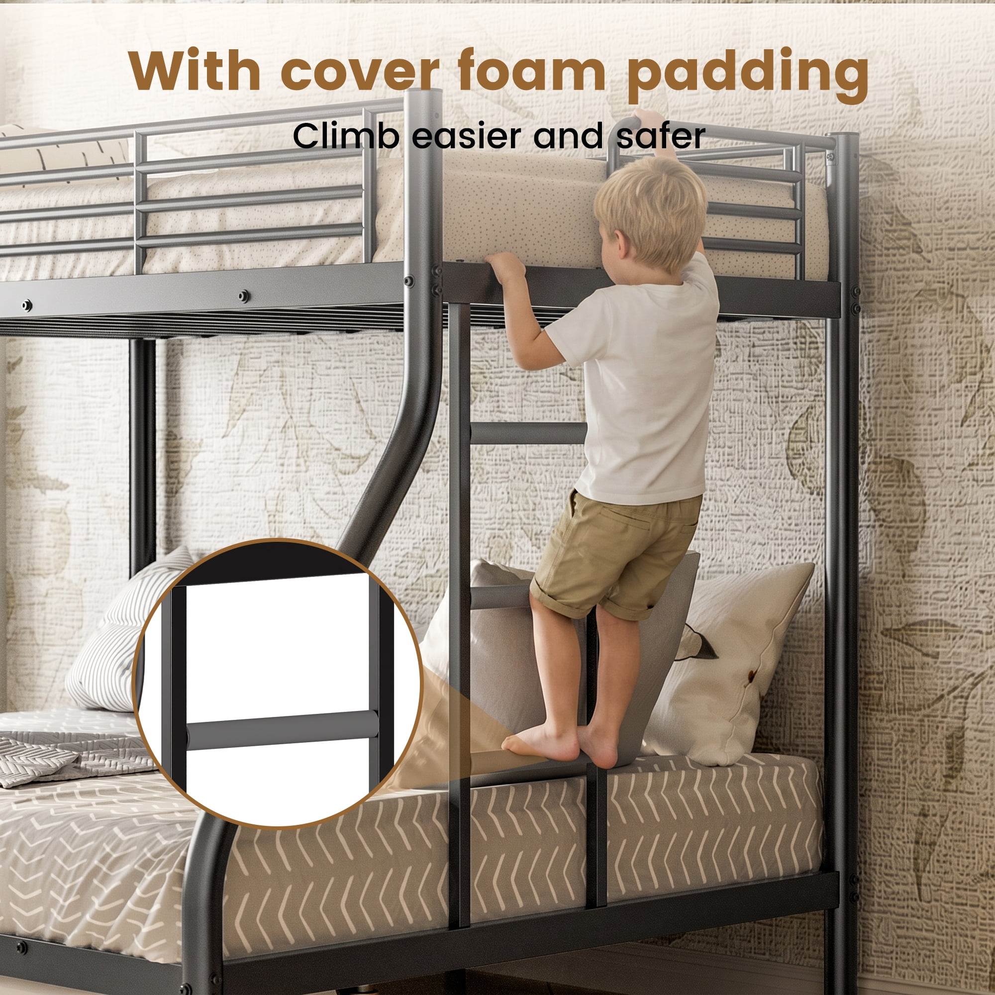 Space-Saving Black Twin Over Full Bunk Bed, Heavy-Duty Metal Bed Frame with Full-Length Rail and Ladder, Quiet Anti-Squeak Design for Kids Teens