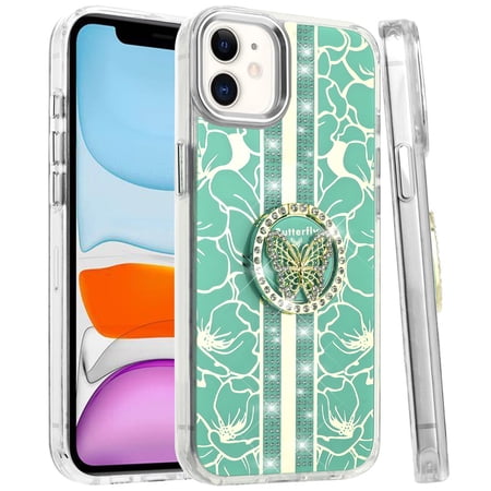 For iPhone 11 (XI6.1) Splendid Floral Designs with Metal Camera and Buttons with Butterfly Ring Stand Hybrid Case - Light Green