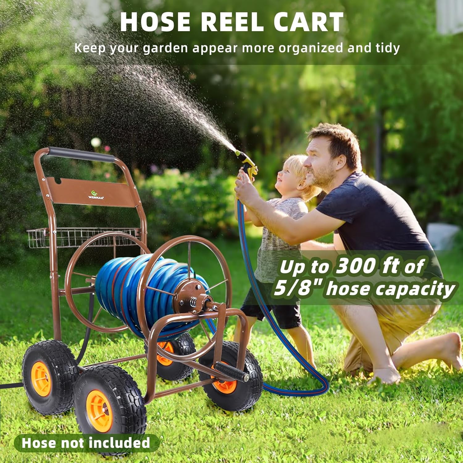 WERHAM 4-Wheel Garden Hose Reel Cart, Holds 300 ft 5/8" Hose, Heavy Duty for Yard Lawn Outdoor