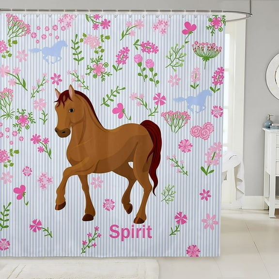 Girls Horse Shower Curtain Kids Cartoon Farmhorse Floral Bath Curtain for Bathroom Baby Girl Pink Blue Stripe Bathroom Curtain Waterproof Spirit Horse Animal Shower Curtain Set Bathtubs Decor 72"x72"