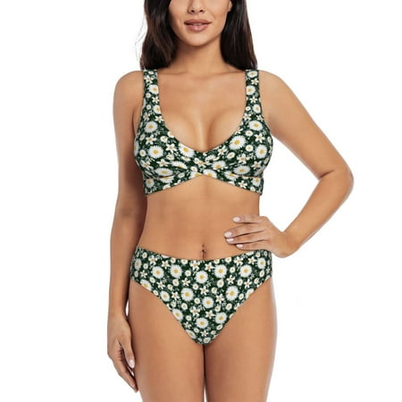 Zeuib White Daisies and Bee High Waisted Tummy Control Bikini Set - Knot Front Push Up Top & Cheeky Thong Bottom  Two-Piece Swimsuit for Women-Small