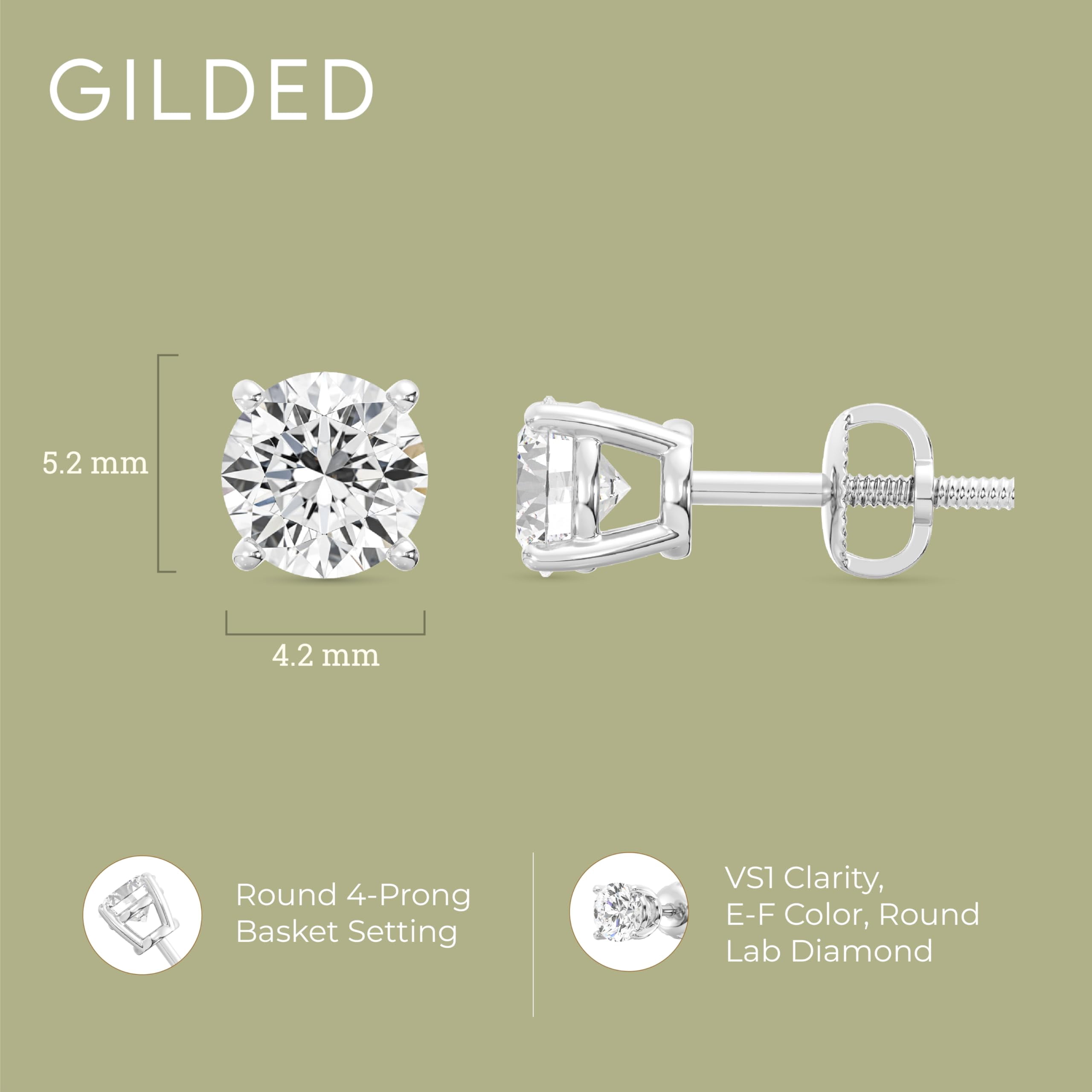 Gilded 1 Carat Total Weight IGI Certified Lab-Grown Diamond 14KT White Gold Stud Earrings for Women| Hypoallergenic Fine Gold Jewelry| 4-Prong Basket Push, Back Nut|VSI1 Clarity, E-F Color, Round Cut