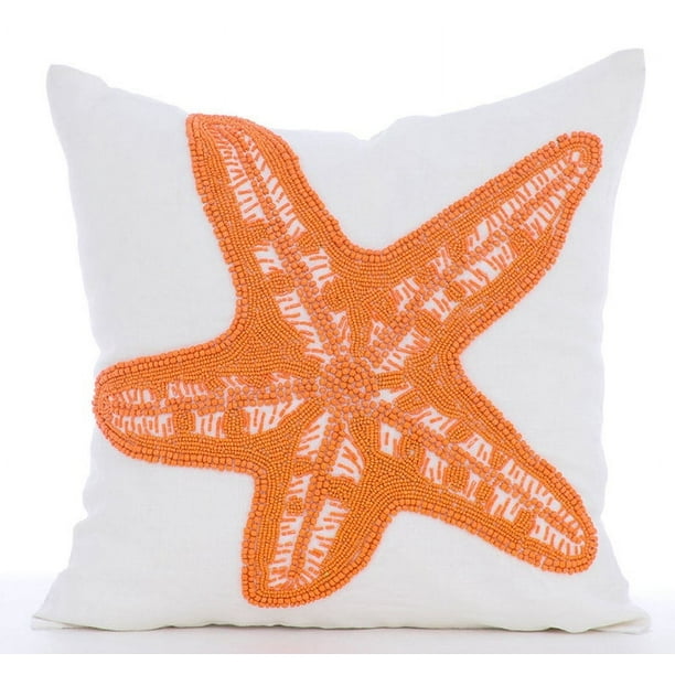 Funda de almohada blanca hecha a mano de 40 x 40 cm (16 x 16 pulgadas), de lino, con criaturas marinas, estrellas de mar, cuentas, estilo playero, decorativa, con cremallera - Starfish Makeover