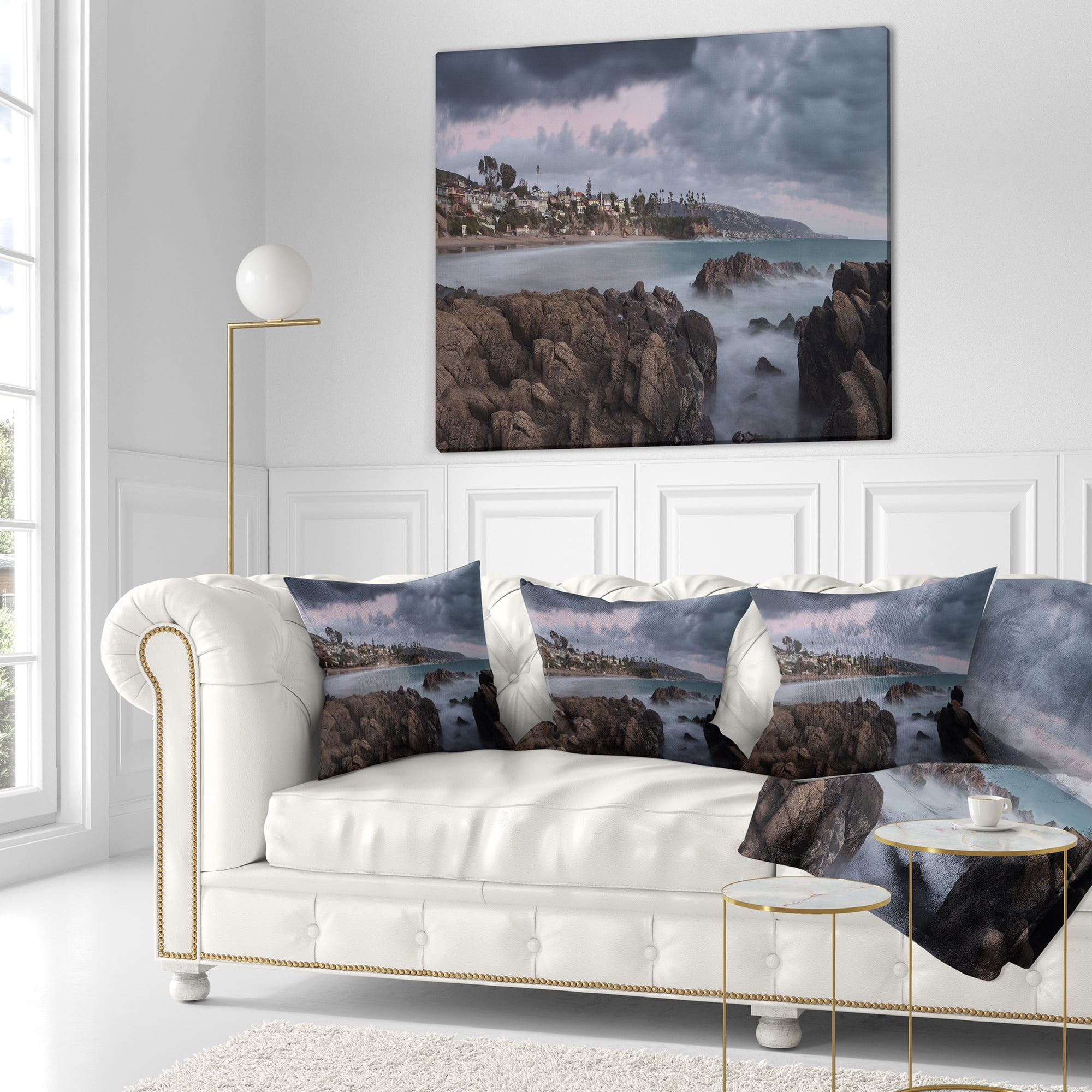 Designart Heavy Rain Clouds Over Crescent Bay - Landscape Wall Throw Pillow - 18x18