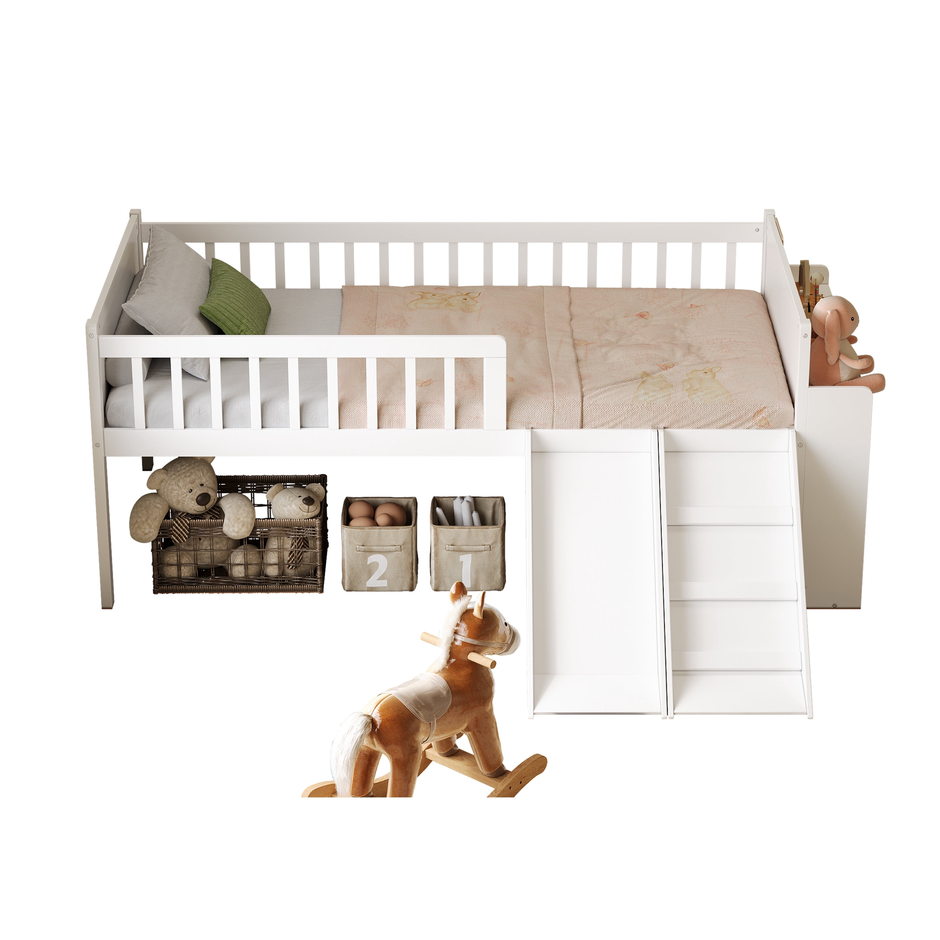 Euroco Wood Twin Size Loft Bed with Slide, Storage Bed with Guardrail ans Shelves, White