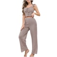 thumbnail image 2 of Matching Sets Women Clothing Vacation New Womens Sleeveless Pajama Set Eyelet Lace Ruffle Strap Cami Tops and Wide Leg Pants 2 Piece Cute Sleepwear Sets Coffee S, 2 of 7