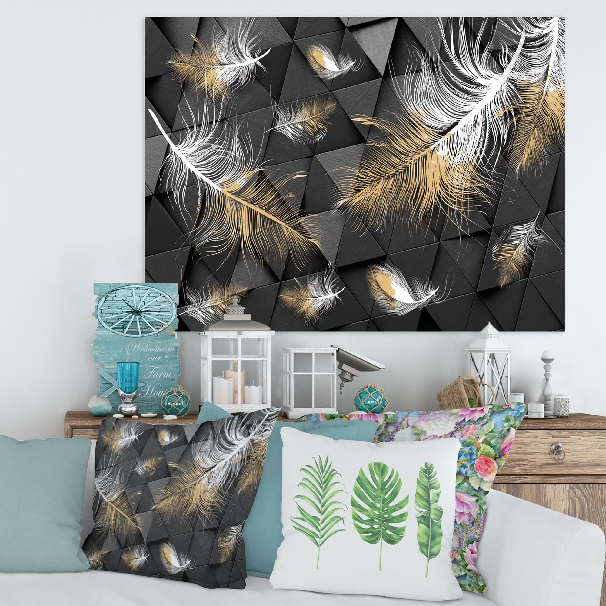Gold and White Feathers On Triangular 8 in x 12 in Painting Canvas Art Print, by Designart