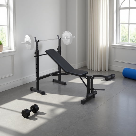 Olympic Weight Bench with Squat Rack - 330LB Capacity, Foldable Adjustable Bench for Home Gym Full-Body Workouts (Black)