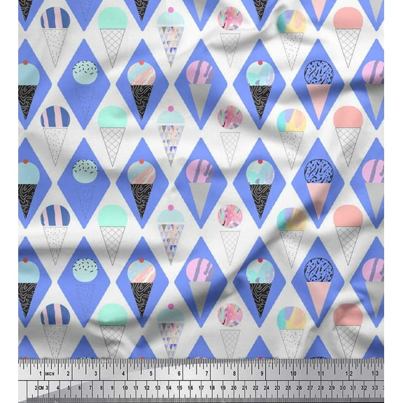 Soimoi Blue Cotton Voile Fabric Diamond & Ice Cream Cone Food Print Fabric by Yard 42 Inch Wide