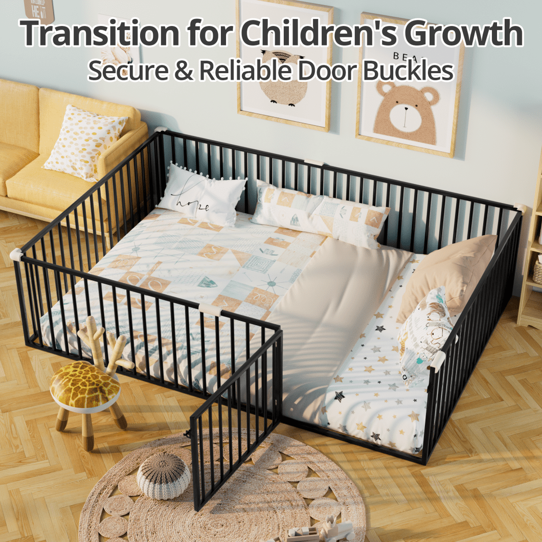 Full Size Metal Floor Bed Frame with Fence and Door, Montessori Bedframe, No Box Spring Needed, Easy to Install, Black