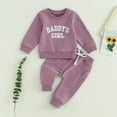 thumbnail image 2 of Bysome Toddler Girls Outfit Set Daddys Baby Fall Winter Outfit Sweatshirt Pants Jumper Sweatpants Suit Long Sleeve Crew Neck Cute Print Girl 2 Pieces Clothes Set Purple Size 18-24 Months, 2 of 7