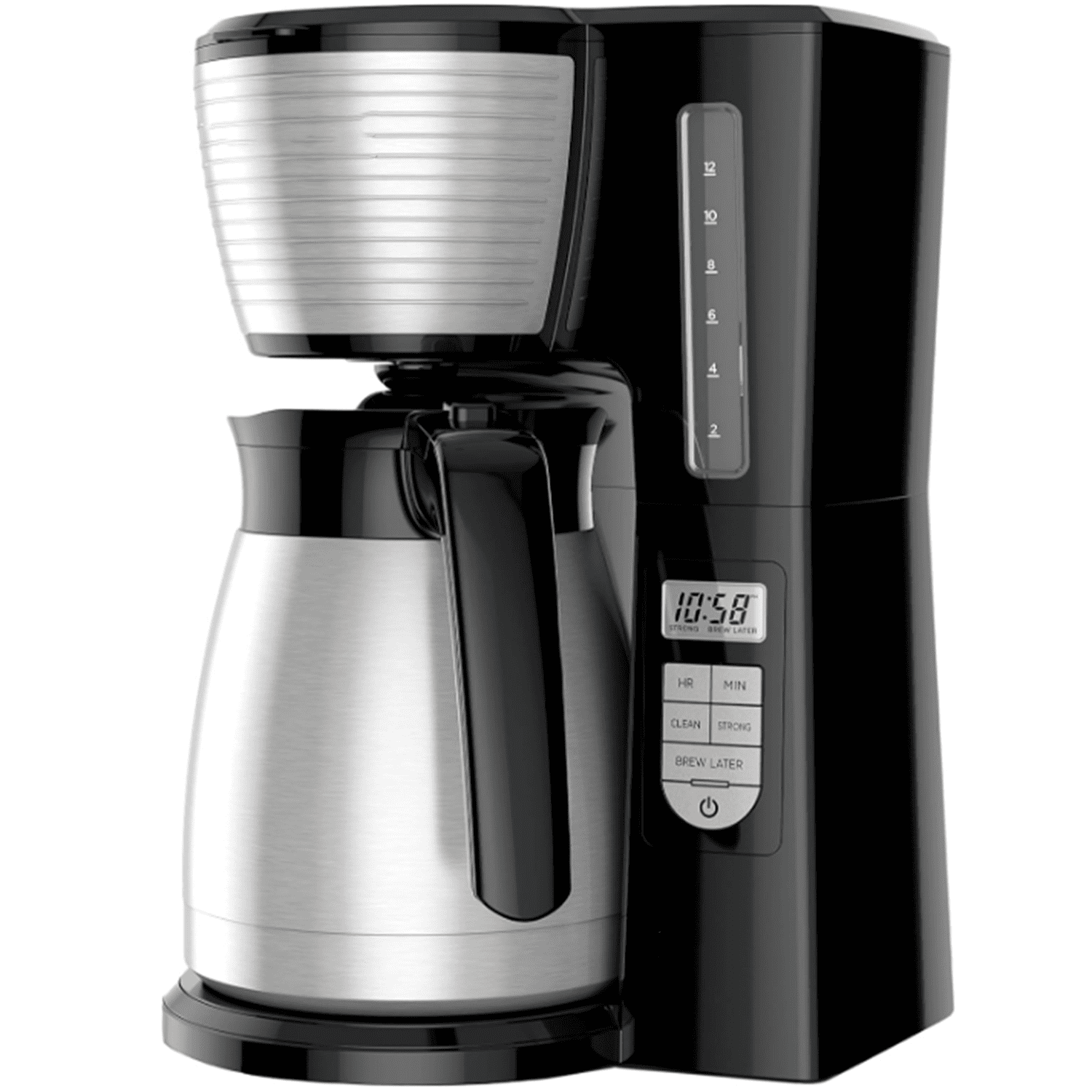 12-Cup Thermal Programmable Coffee maker, Brew Strength Selector, Auto-clean, Black and Silver