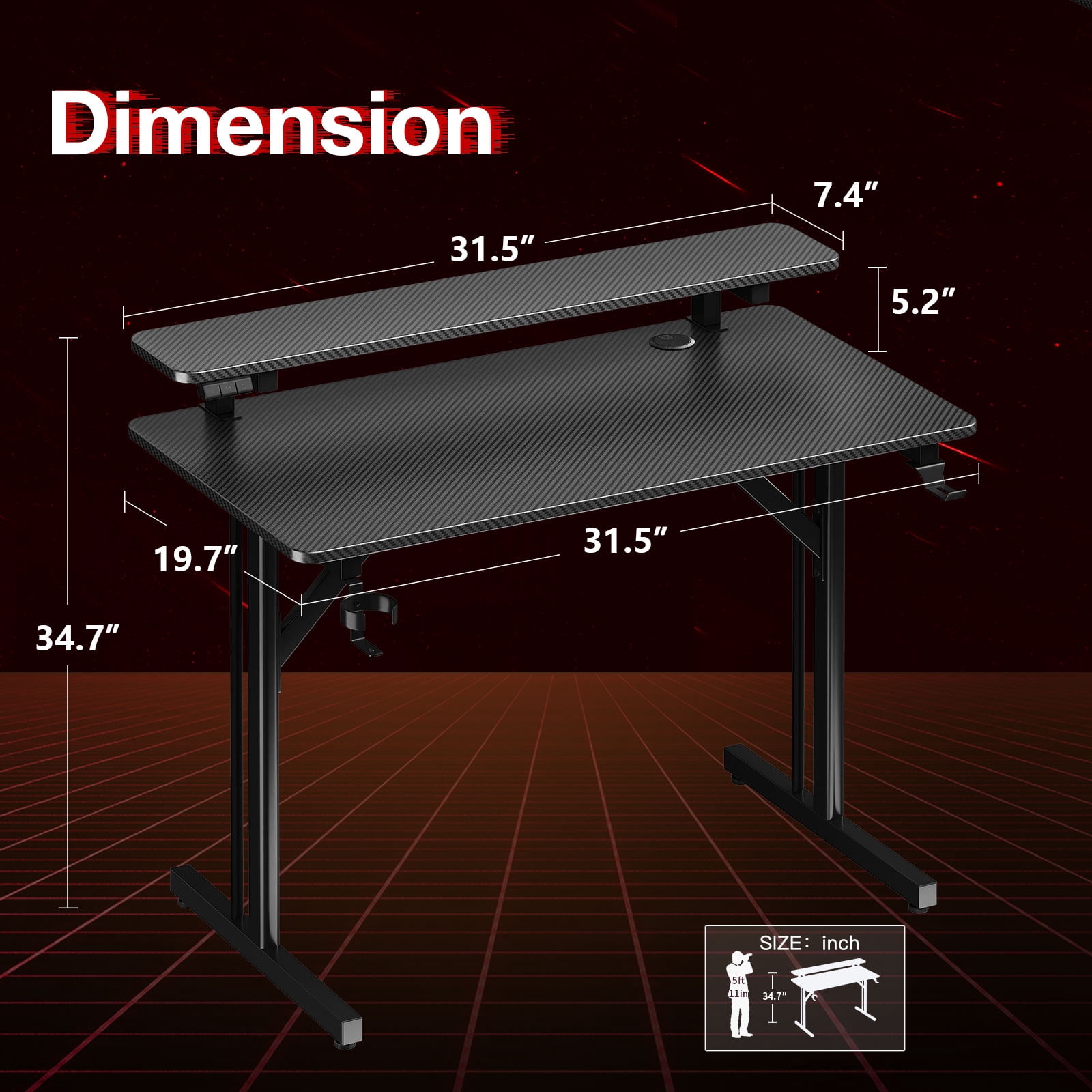 31 inch Gaming Desk with Monitor Stand, T- Shaped Carbon Fiber Surface Computer Desk with Double Headphone Hooks, USB Gaming Rack & Cup Holder, Black