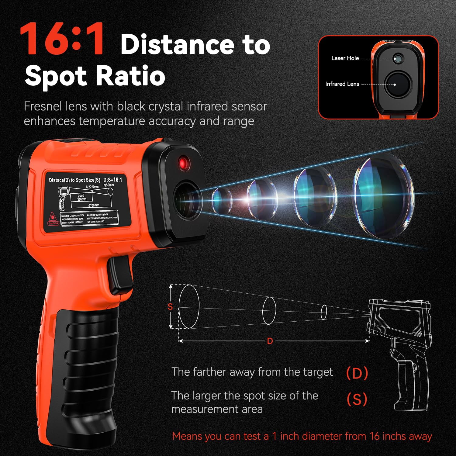 -58°F to 1796°F Infrared Thermometer Gun 16:1 with K-Type Probe，Humidity Display，Industrial & Home