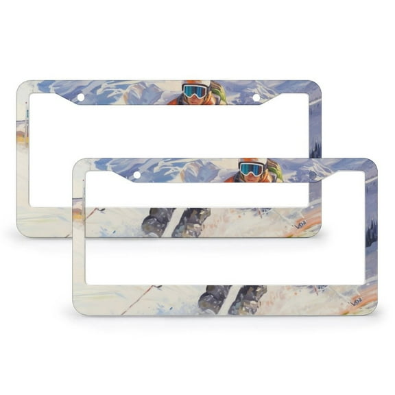 Snow Skiing License Plate Frames 2 Pcs Set Leisure Ski Fun Car Front License Plate Frame Funny Cute for USA Canada Vehicles 2 Hole Quality Aluminum Metal License Plate Frame