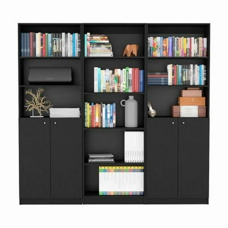 71 in. Five Tier Bookcase with Four Doors, Black