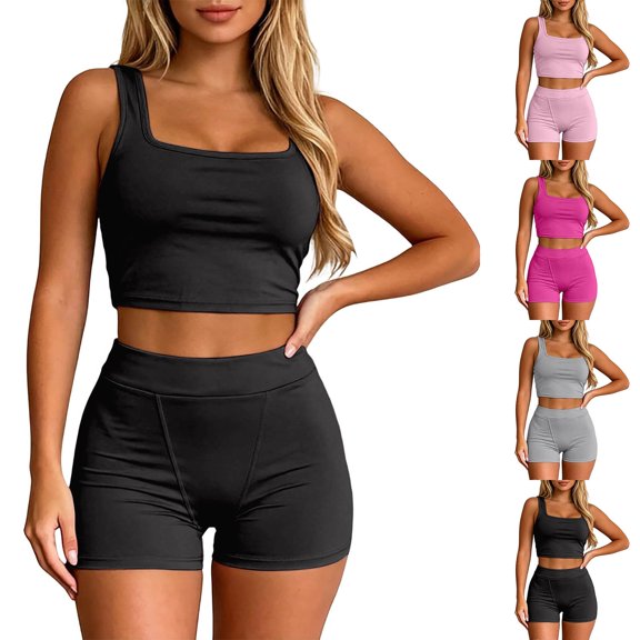 Arlun Women's 2 Piece Outfits Sleeveless Square Neck Crop Top High Welt Bodycon Shorts Set Y2k Solid Color Stretchy Slim Fitted Summer Matching Sets for Yoga Fitness Wear Pink XL