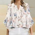 thumbnail image 2 of Beige Ladies Ruched Tshirts Flower Print Loose Fit Tee Tops for Women Ruffle 3/4 Length Bell Sleeve V Neck Spandex Casual Summer Fall Shirts 2025 Clothing L, 2 of 4