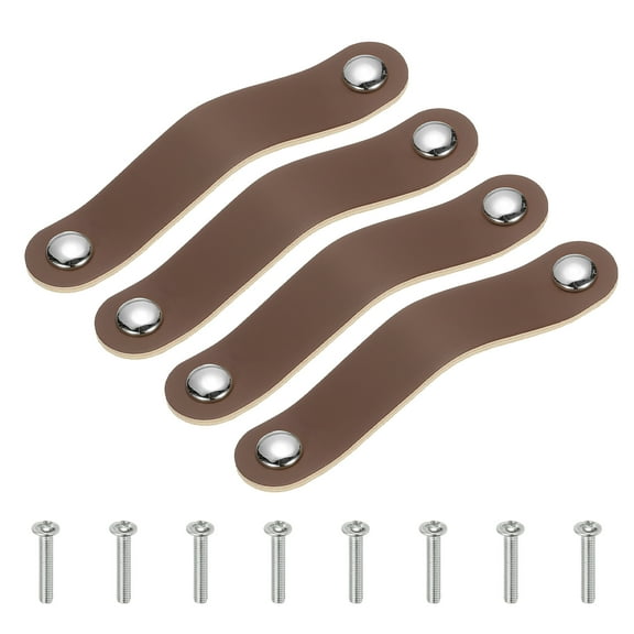 Uxcell Leather Drawer Pulls, Leather Handle Double Hole Cabinet Dresser Knob with Screw, Brown 4 Pcs