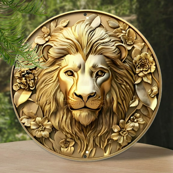 1pc Golden Lion Metal Wall Decor, Aluminum Round Sign, Vintage Garden Yard Art, 8x8 inch, with Pre-Drilled Hanging Hole, for Home, Living Room, Autumn, Christmas, New Year, Universal