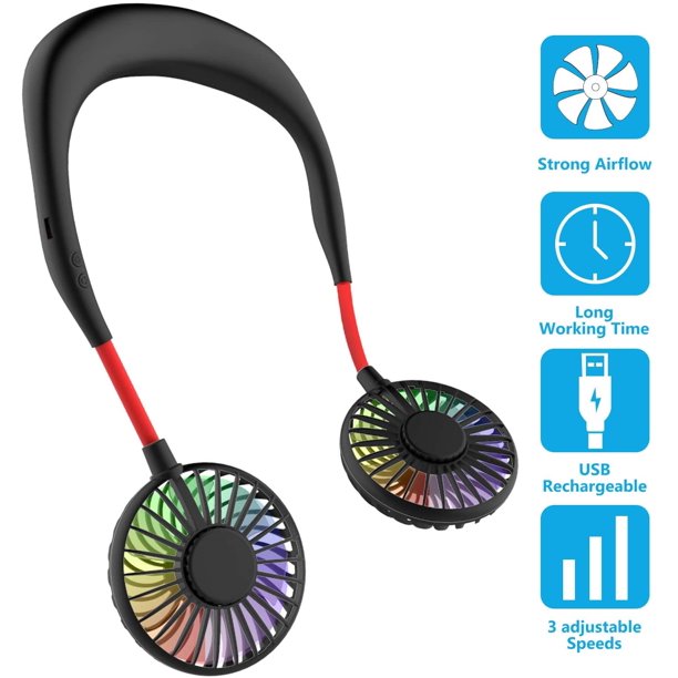 Ventilador Portátil, Mini Ventilador USB, Ventilador De Cuello Recargable Portátil, Ventilador De Escote, Enfriador De Aire De Doble Cabezal De Viento De 3 Velocidades para Acampar Al Aire Libre Sala De Oficina-Negro Sailing Electrónica