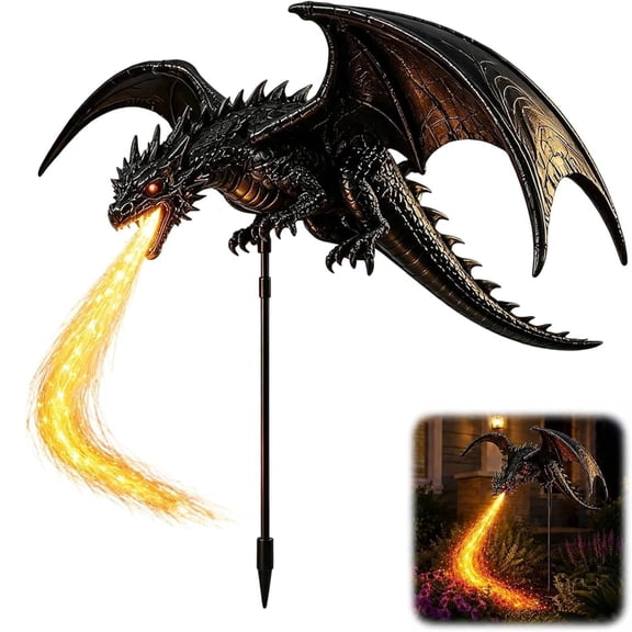 Solar Dragon Fire Garden Light, Dragon Garden Stake Outdoor Decor (1Pcs),Fire Breathing Dragon Solar Light with Glowing Fiber Flames, Solar Stake Light with a Warm Glowing, Patio Lawn Flower Bed