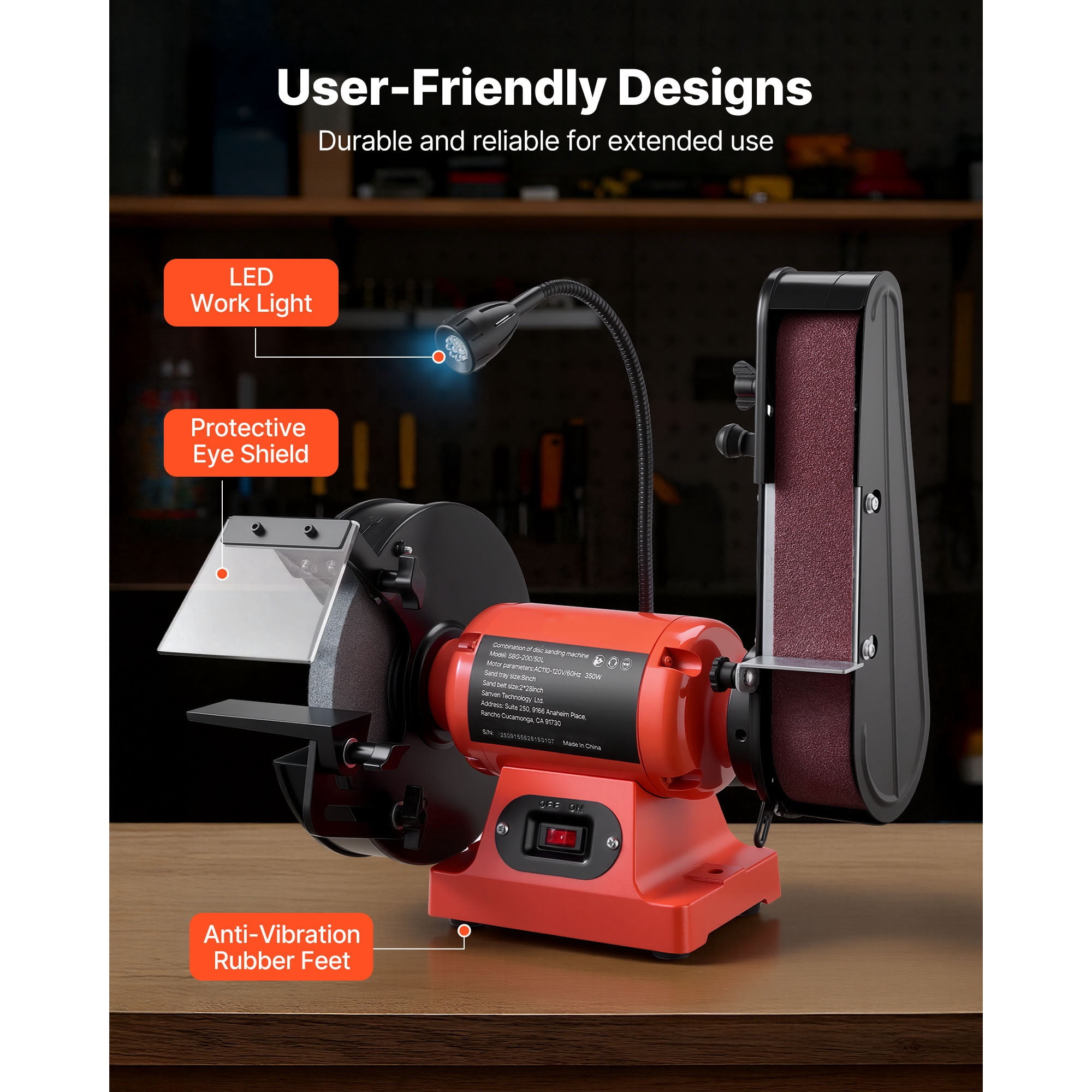 KFFKFF 8-Inch Bench Grinder and 2-Inch x 28-Inch Belt Sander Combo, 350W Grinding and Sanding Machine with LED Work Light and Eye Shield for Metal and Wood Projects, Knife Sharpening
