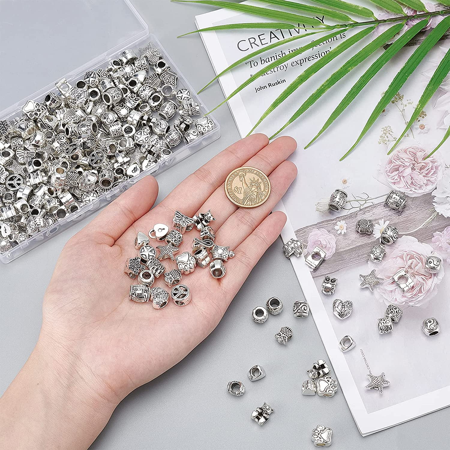 200Pcs Tibetan Style European Beads Metal Large Hole Beads Alloy Spacer Loose Beads Antique Silve Charms for Jewelry Making