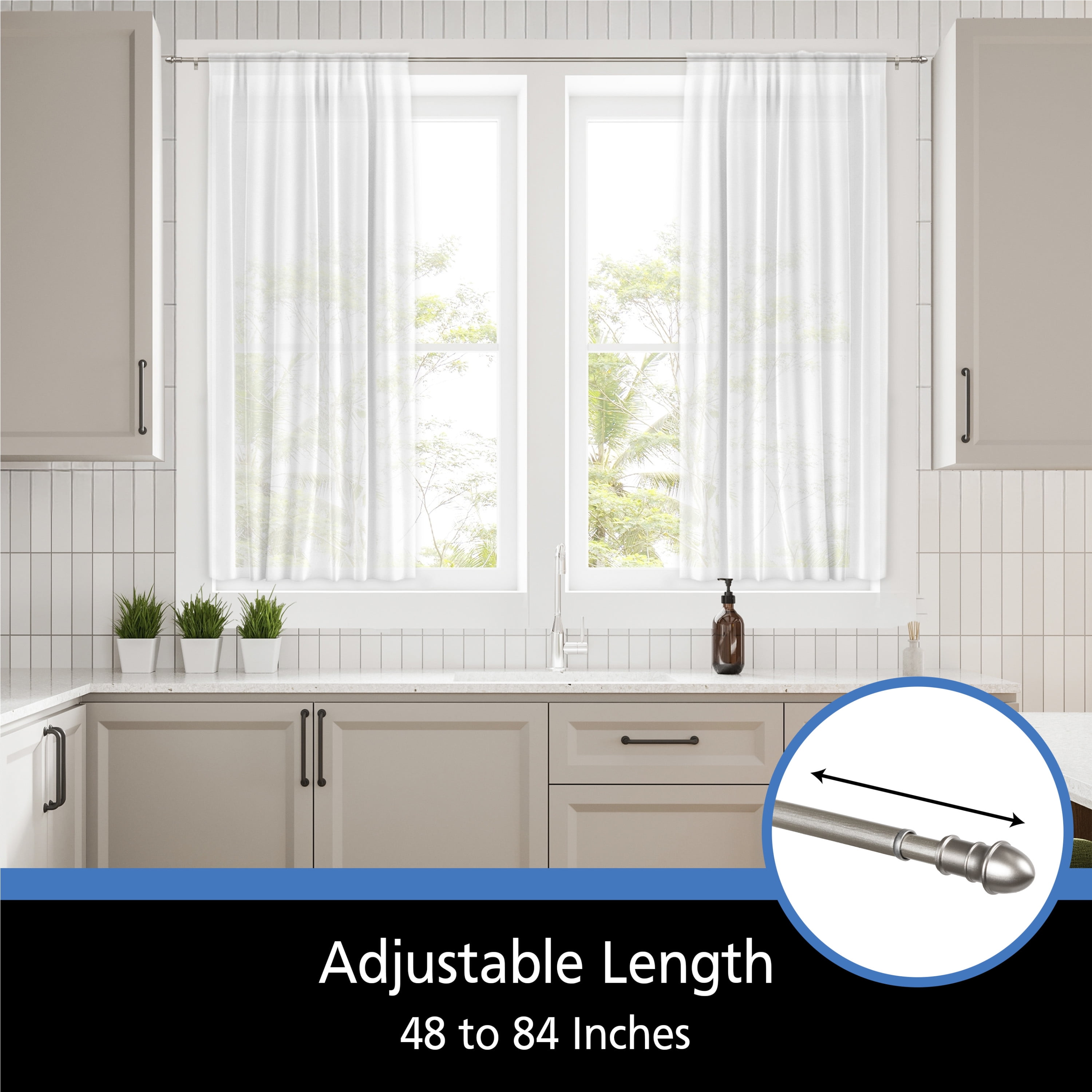 Mainstays Madelyn 7/16" Nickel Adjustable Café Curtain Rod Set, 48"-84"