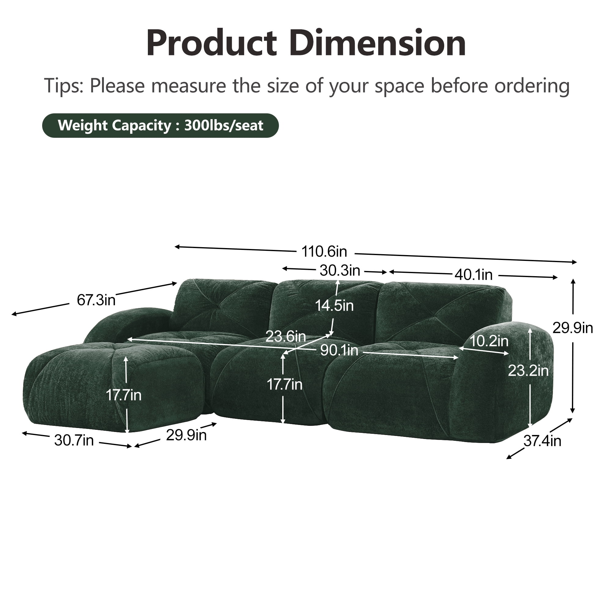 Alvantor L-Shaped Sectional Sofa 3-Seater Boneless Sofa Couch with Anti-Slip Design for Living Room, Easy Assembly Green