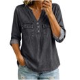 thumbnail image 2 of Kadlawus Long Sleeve Loose V Neck Denim Button Down Shirt Women Fall Casual Basic Pullover Tops Soft Stretchy Comfort Commute Travel Home Daily Wear, Black XL, 2 of 7