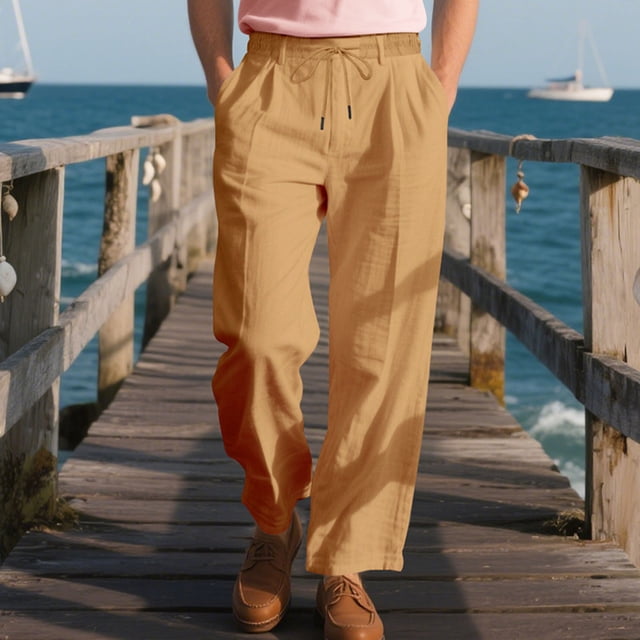 Men's Cotton Blend Linen-Look Casual Drawstring Waist Relaxed Fit Long Pants for Comfortable Summer Wear