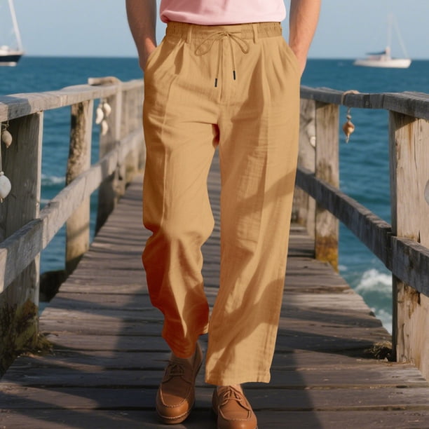 Pantalones largos de lino para hombre, informales, a la moda, transpirables, con cordón, cintura ajustada, piernas anchas, pantalones largos de rayón para hombre.