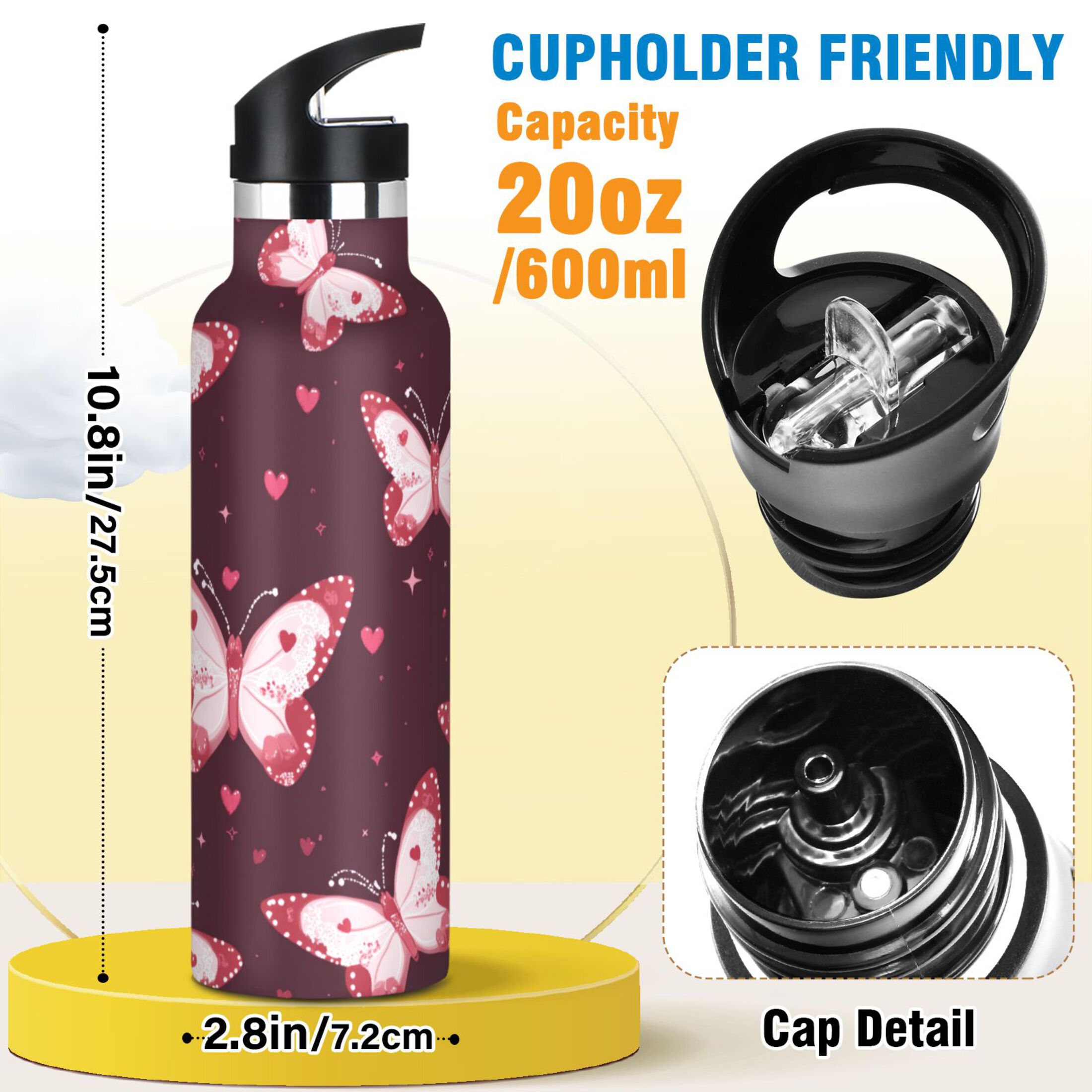 Kids Insulated Stainless Steel Sports Water Bottle 600ml (20oz) Cute Pink Butterflies