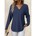 thumbnail image 4 of Womens Tops Waffle Knit Long Sleeve Notched V Neck Shirts Casual Trendy Solid Color Loose Blouses Dark Blue XXL, 4 of 6