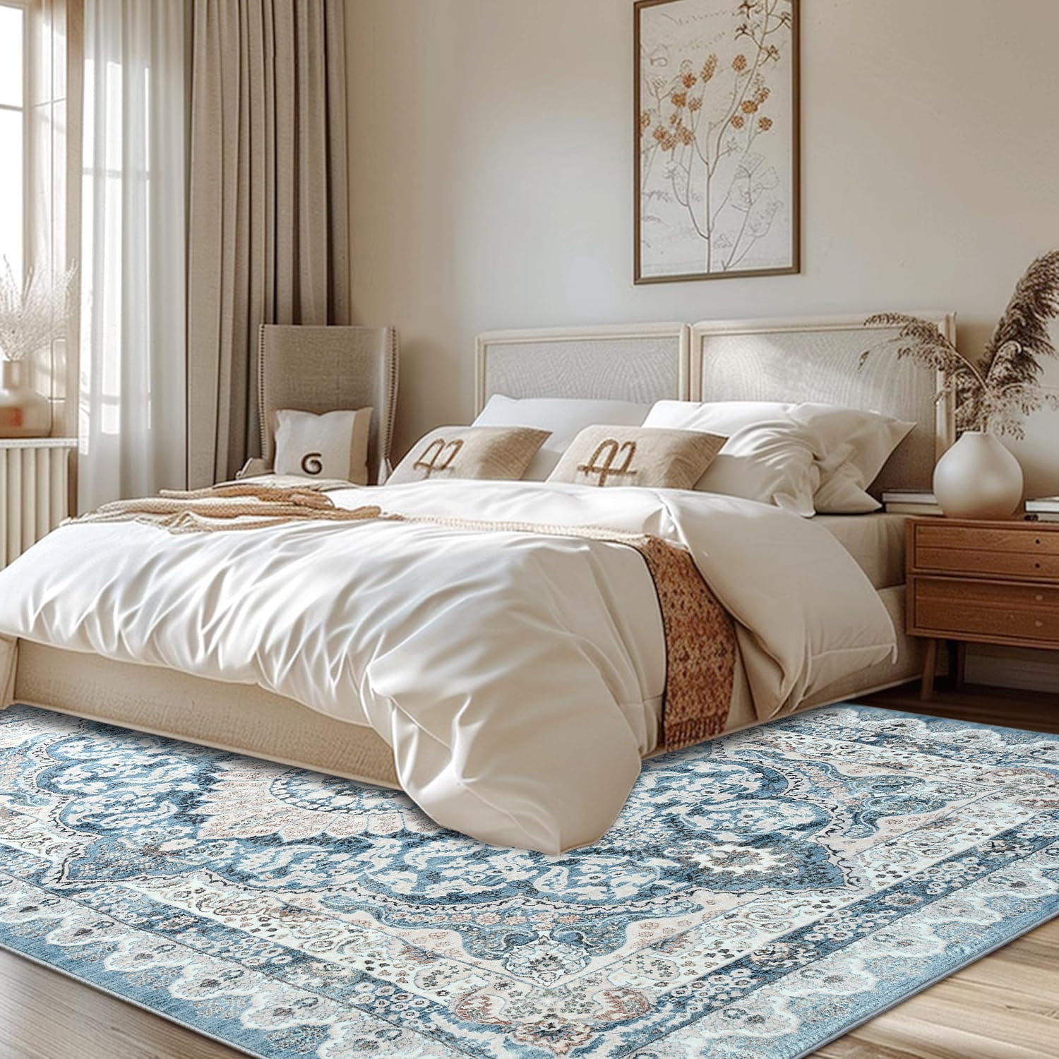 Ultrug Vintage Floral Print Rugs Soft Boho Carpet Retro Distressed Area Rug for Living Room Bedroom Home Decor,6'x9',Blue